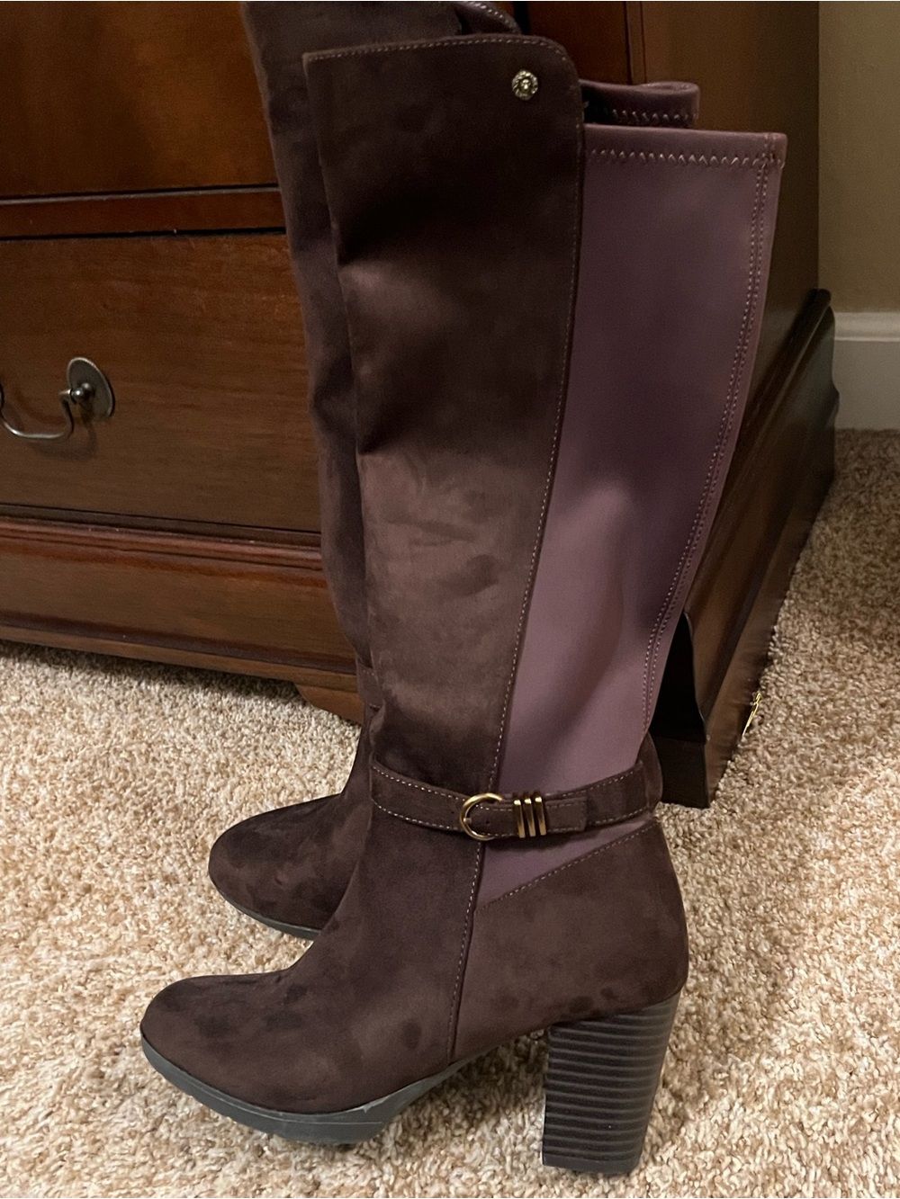 NWOT Anne Klein Women’s Brown Suede Mixed Media Block Heel Knee High Boots 8